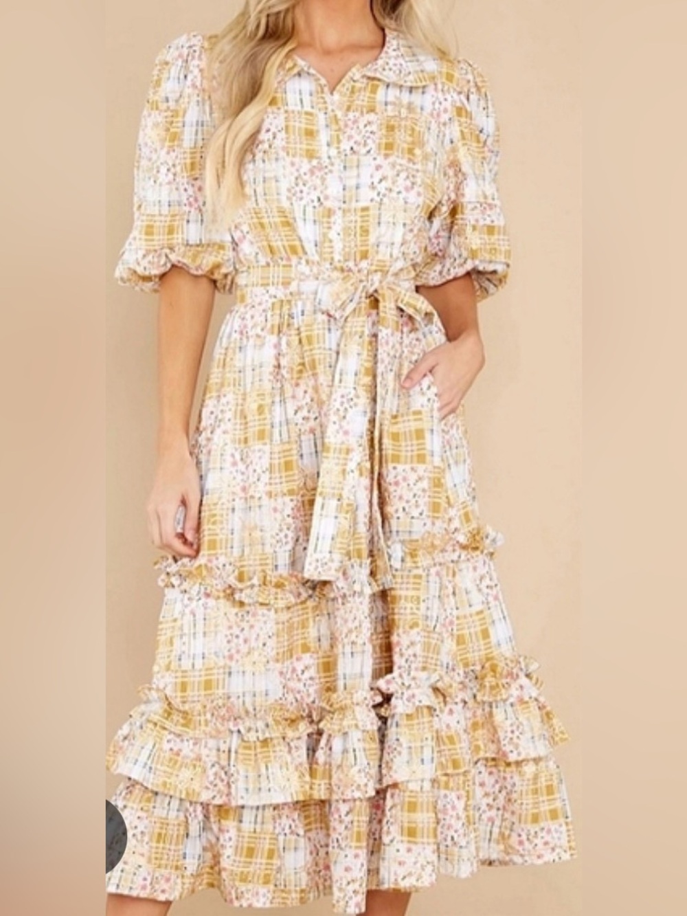 Just Me Yellow Plaid & Floral Puff-Sleeve Dress
